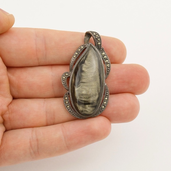 Vintage Golden Sheen Obsidian & Marcasite Sterling Silver Necklace Pendant - Picture 3 of 5